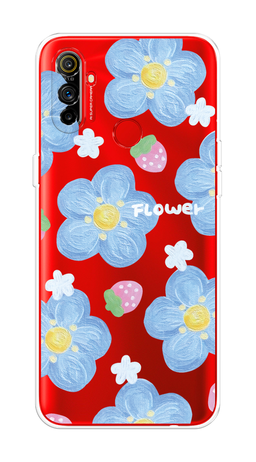 

Чехол на Realme C3 "Цветы и клубники", Прозрачный;голубой;белый, 253050-1