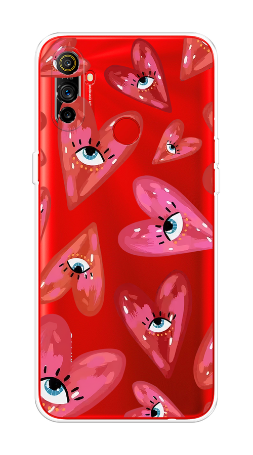 

Чехол на Realme C3 "Сердечки с глазами", Коричневый;красный;розовый, 253050-1