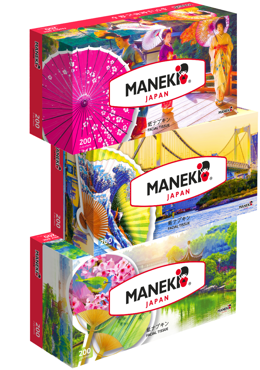 фото Салфетки бумажные maneki dream 2 слоя белые 200 шт/коробка спайка с ручкой 3 коробки