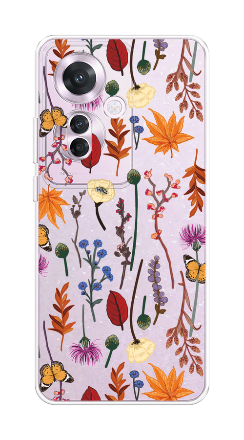 

Чехол на Oppo Reno 11F "Orange Purple flowers", Оранжевый;красный;розовый;желтый;прозрачный, 2516650-1