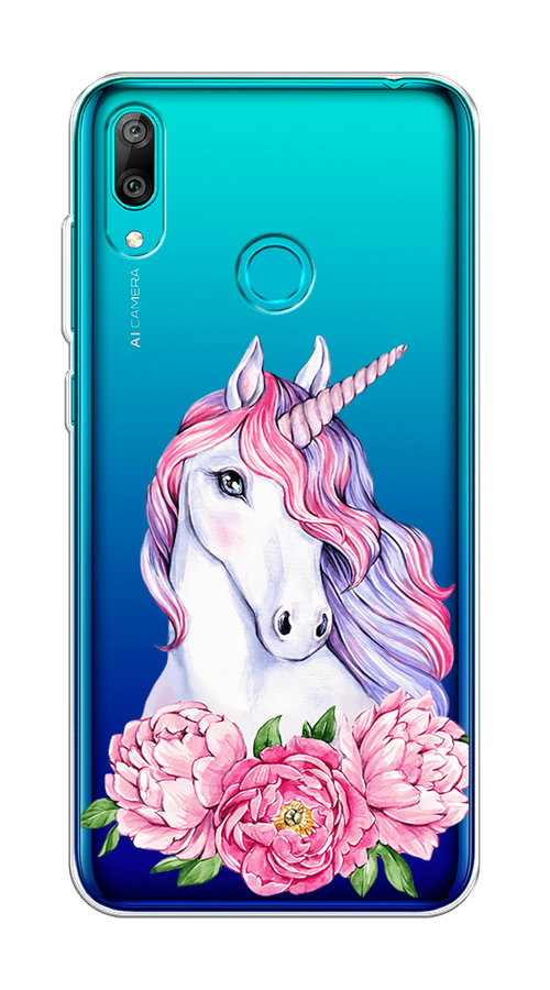 

Чехол на Huawei Y7 2019 "Единорог с пионами", Розовый;белый;зеленый, 68450-1