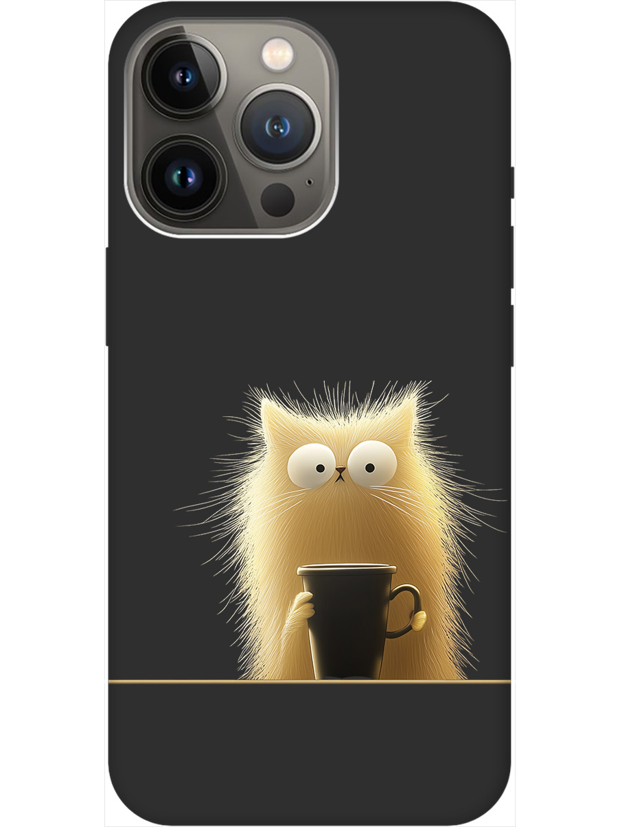

Силиконовый чехол на Apple iPhone 14 Pro Max с принтом "Котик с кружкой" матовый черный, Золотистый;белый;черный, 745400812