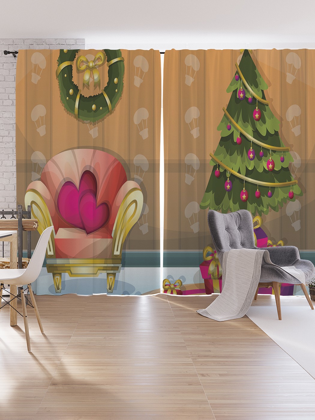 

Шторы под лён JoyArty "Подарки под елкой", серия Oxford DeLux, 340х265 см, Подарки под елкой