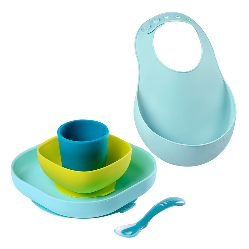 фото Набор посуды beaba silicone meal blue с силиконовым нагрудником airy green, 913428-913489