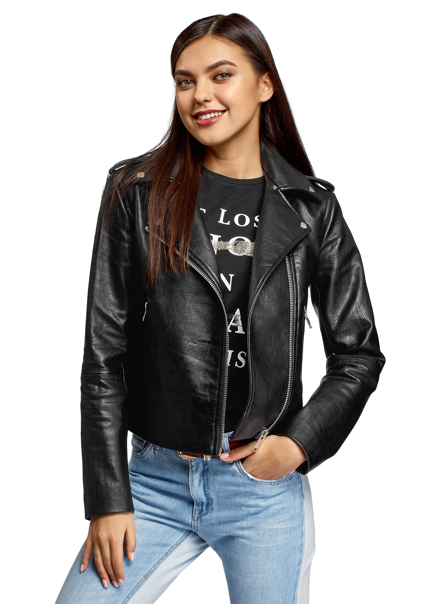 фото Кожаная куртка женская oodji 18a04018 черная 44 eu