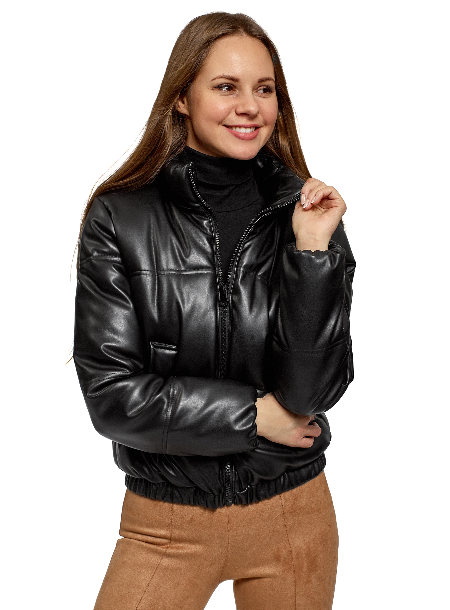 фото Кожаная куртка женская oodji 18a03011 черная 42/170