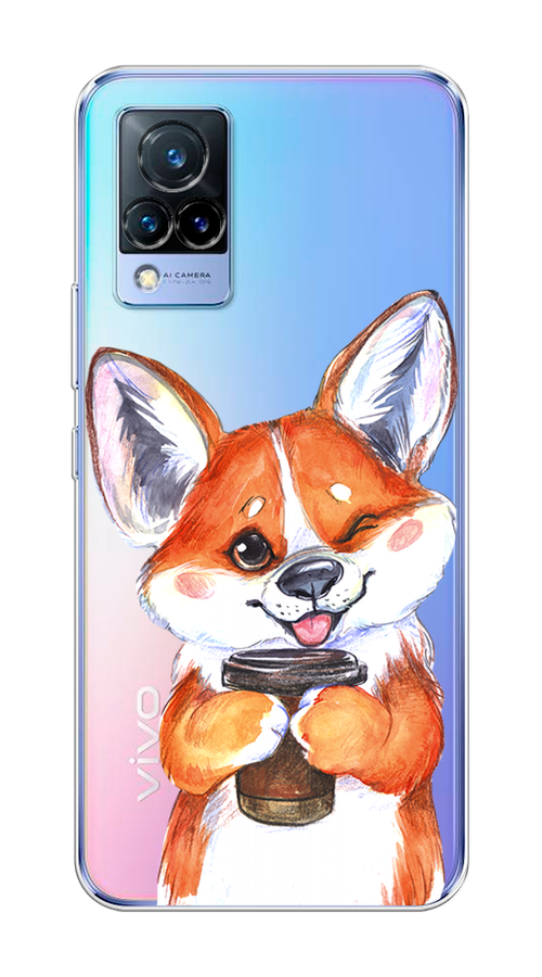 

Чехол на Vivo V21 "Корги с кофе", Оранжевый;белый, 264350-4