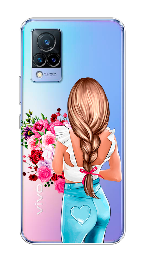 

Чехол на Vivo V21 "Девушка с цветами", Коричневый;розовый;голубой, 264350-6
