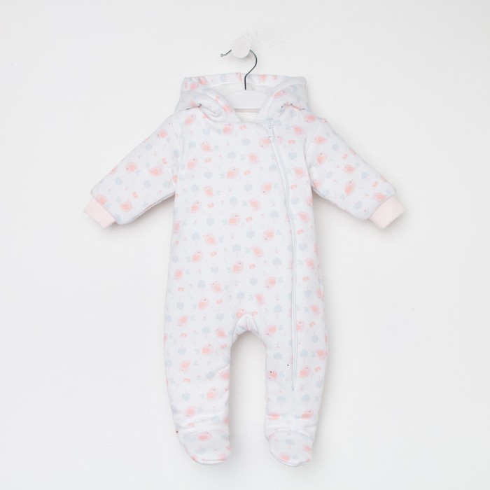 фото Комбинезон утеплённый детский, цвет белый/птички, рост 68 см si baby