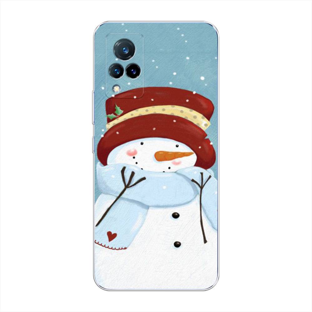 

Чехол на Vivo V21 "Застенчивый снеговик", Голубой;белый;красный, 264350-5