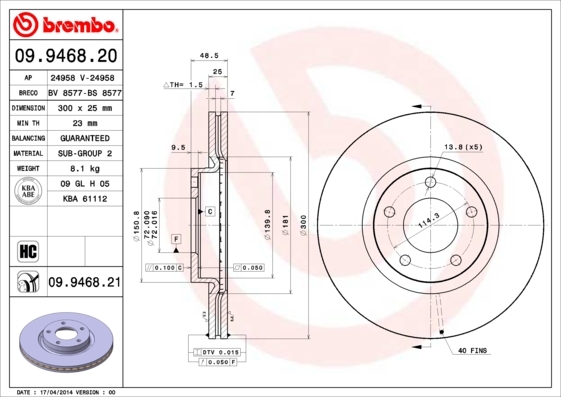 

Тормозной диск brembo передний для Mazda 3 2003-, 3 SD 2004-, 5 2005- 09.9468.20