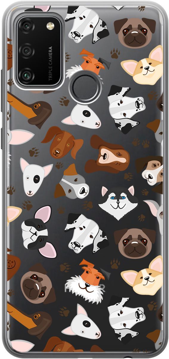

Силиконовый чехол на Honor 9A с 3D принтом "Dogs Pattern" прозрачный, 5228
