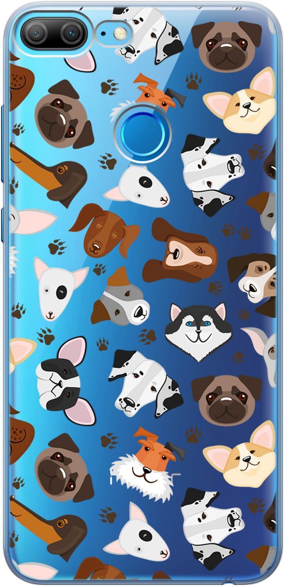 

Силиконовый чехол на Honor 9 Lite с 3D принтом "Dogs Pattern" прозрачный, Прозрачный;коричневый, 5226