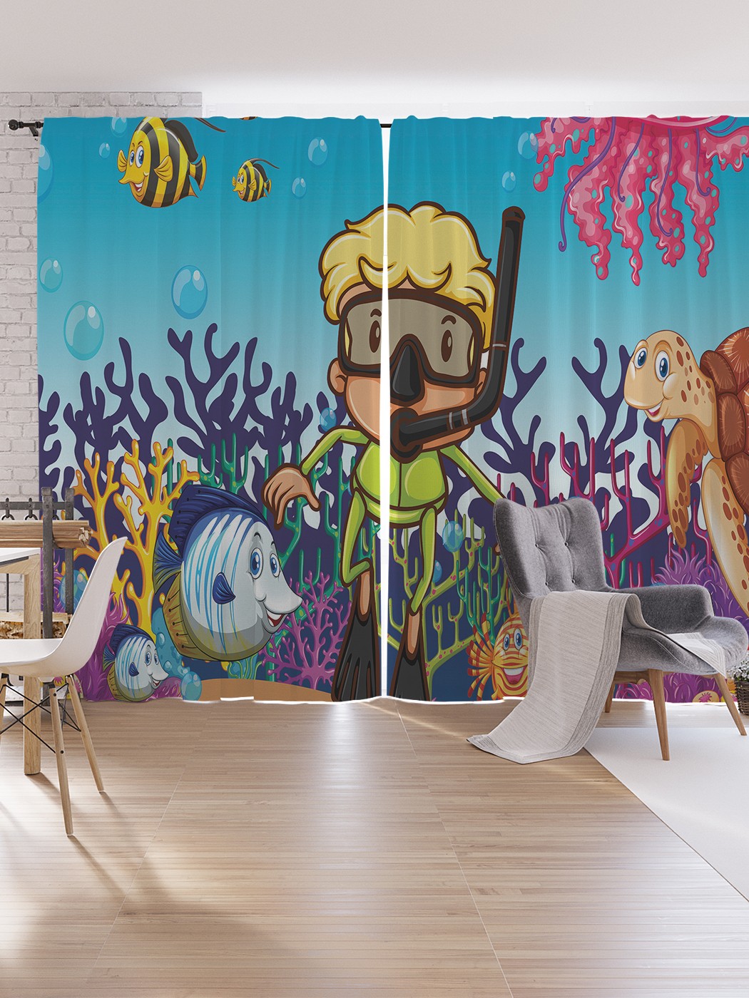 

Шторы под лён JoyArty "Дайвингист и черепаха", серия Oxford DeLux, 340х265 см, Дайвингист и черепаха