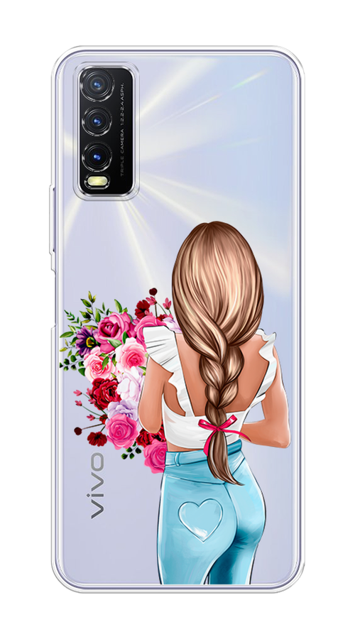

Чехол на Vivo Y20 "Девушка с цветами", Коричневый;розовый;голубой, 263650-6