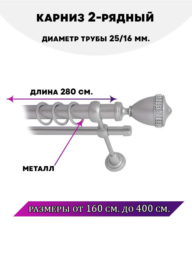 

Карниз металлический Lux Decor Рим 2-рядный гладкий D-2516 мм Сатин 28 м, Серый, Рим