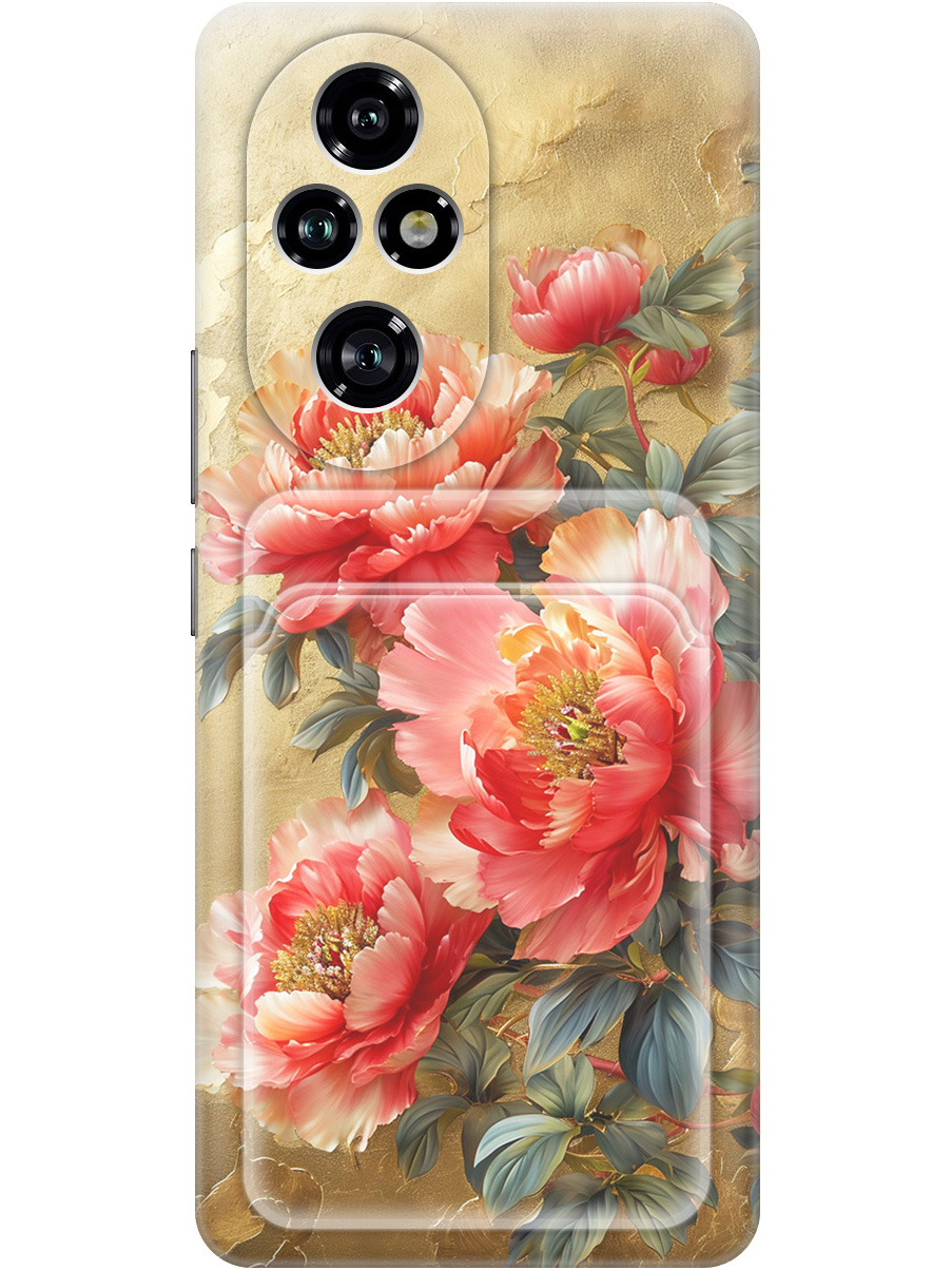 

Силиконовый чехол на Honor 200 pro с принтом "Винтажные пионы" с карманом для карты, Прозрачный;зеленый;золотистый;красный, 783979623