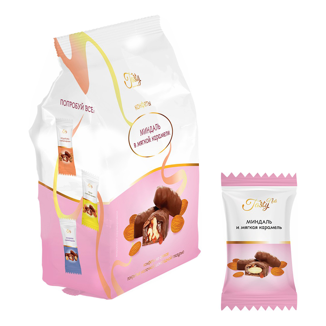 

Конфеты шоколадные Tasty миндаль и мягкая карамель 150 г