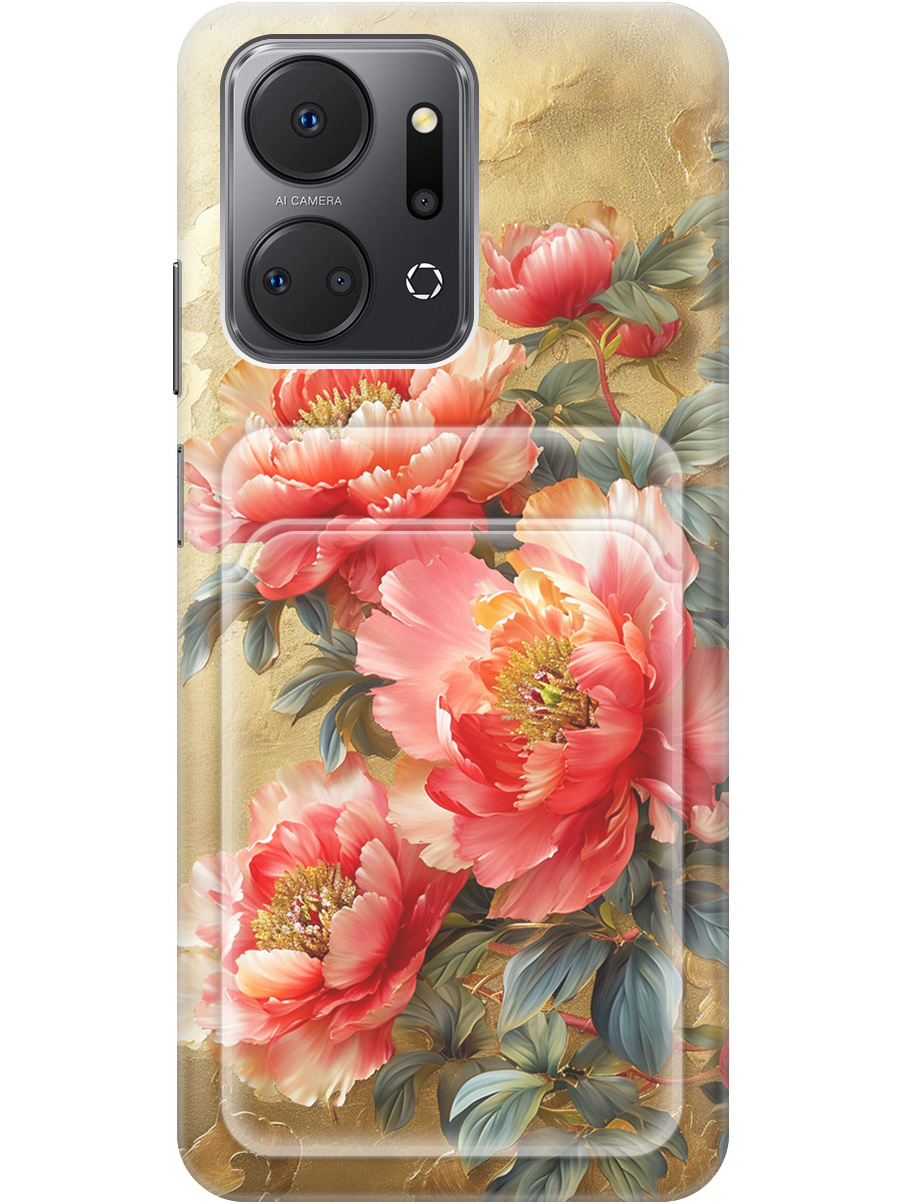 

Силиконовый чехол на Honor X7a с принтом "Винтажные пионы" с карманом для карты, Прозрачный;зеленый;золотистый;красный, 769393823
