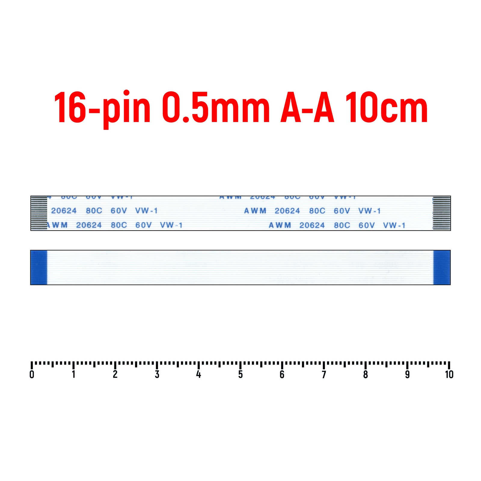 

Шлейф FFC 16-pin Шаг 0.5mm Длина 10cm Прямой A-A AWM 20624 80C 60V VW-1