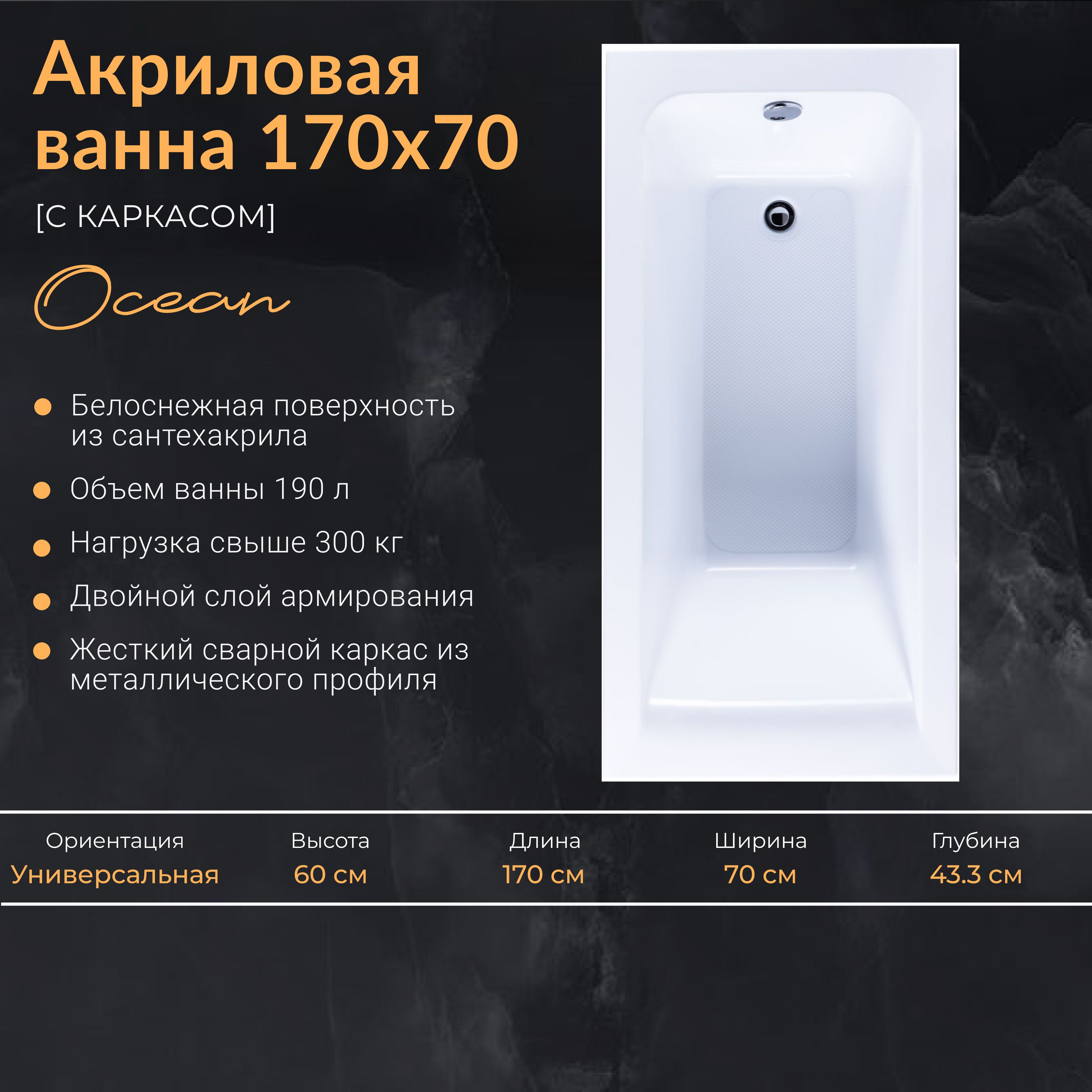 Акриловая ванна Nixx Ocean 170x70 (с каркасом)