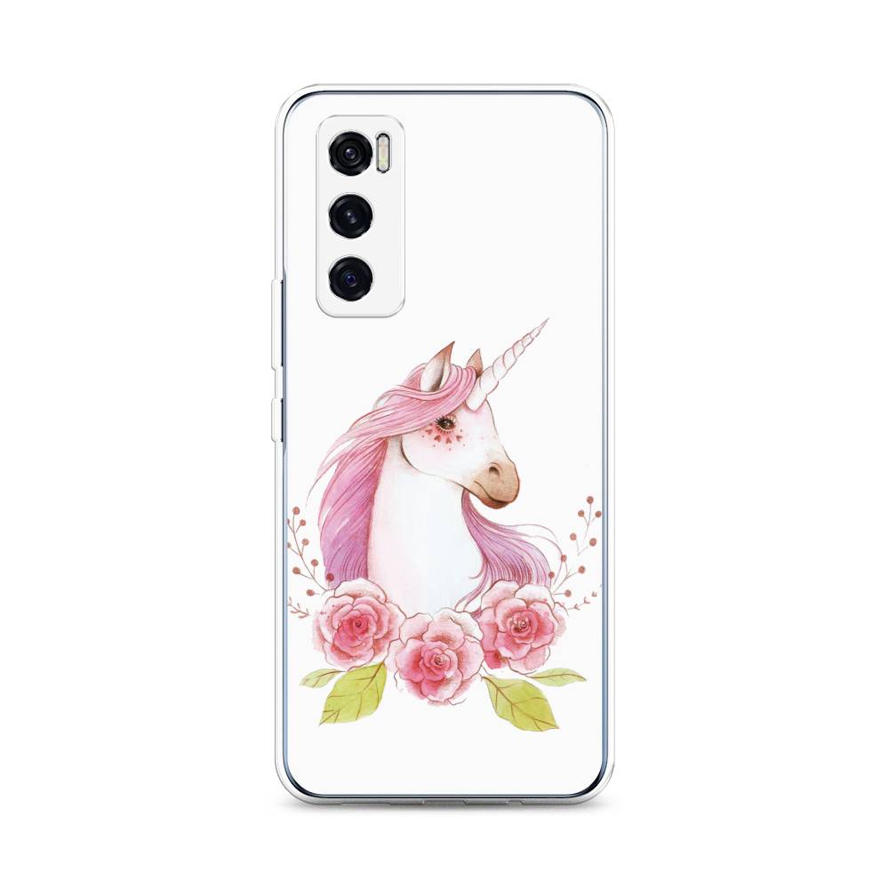 

Чехол на Vivo V20 SE "Единорог цветы", Белый;розовый;серый, 263550-1