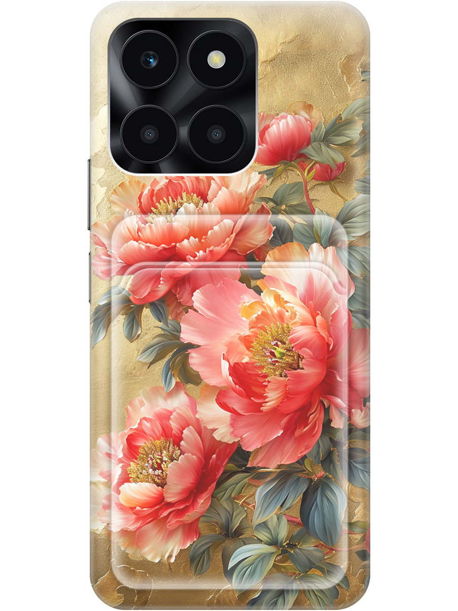 

Силиконовый чехол на Honor X6a с принтом "Винтажные пионы" с карманом для карты, Прозрачный;зеленый;золотистый;красный, 773945523