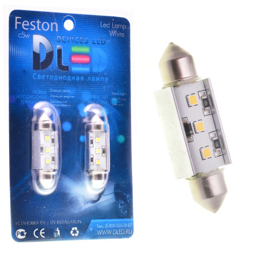 фото Светодиодная автомобильная лампа c5w fest 41мм + sv8,5 - 3 smd 2323 ( с обманкой) 2 шт. dled