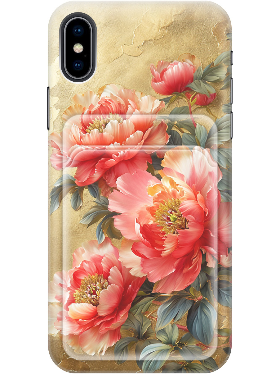

Силиконовый чехол на Apple iPhone Xs / X с принтом "Винтажные пионы" с карманом для карты, Прозрачный;зеленый;золотистый;красный, 715365423