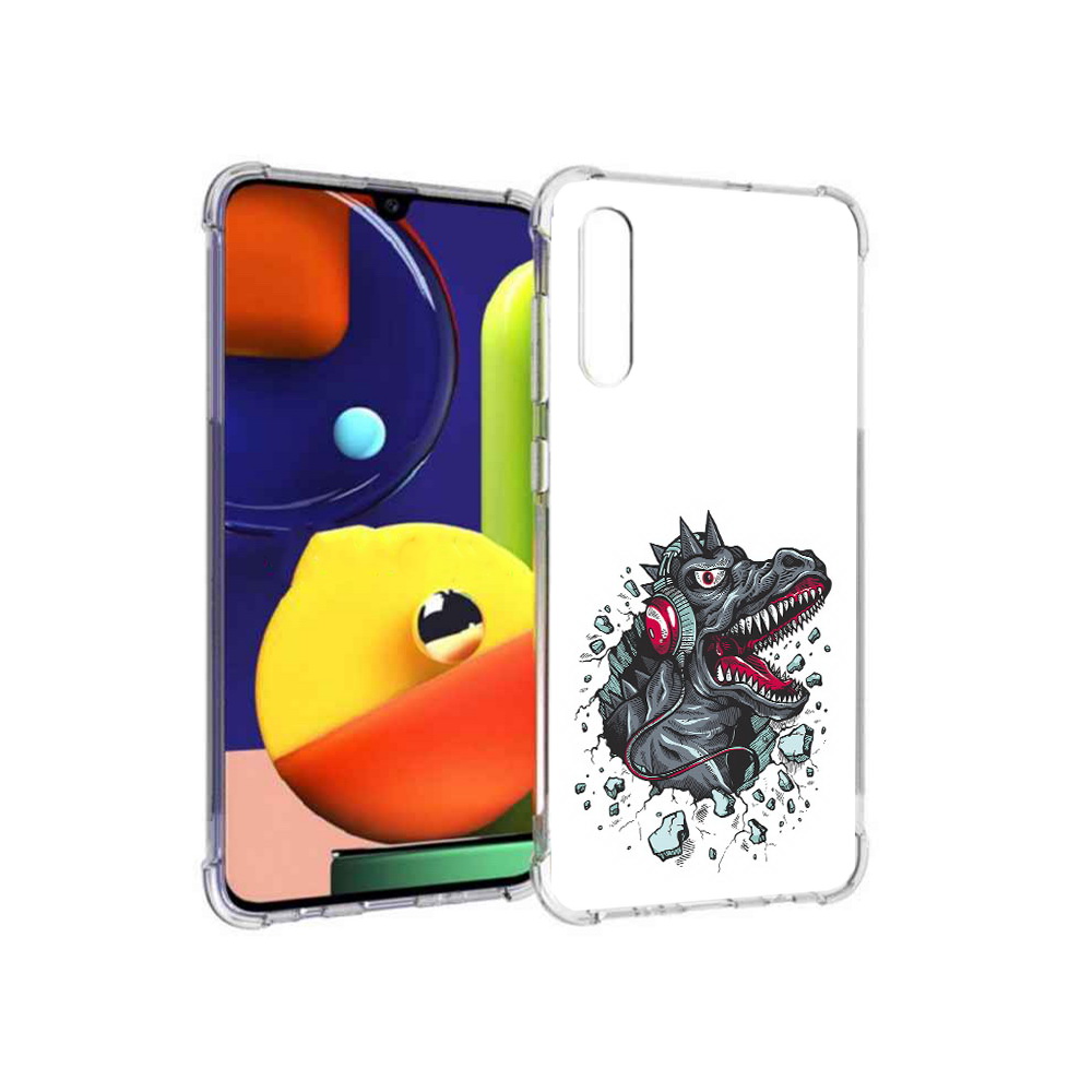 

Чехол MyPads Tocco для Samsung Galaxy A70 Нарисованный динозавр в наушниках, Прозрачный, Tocco