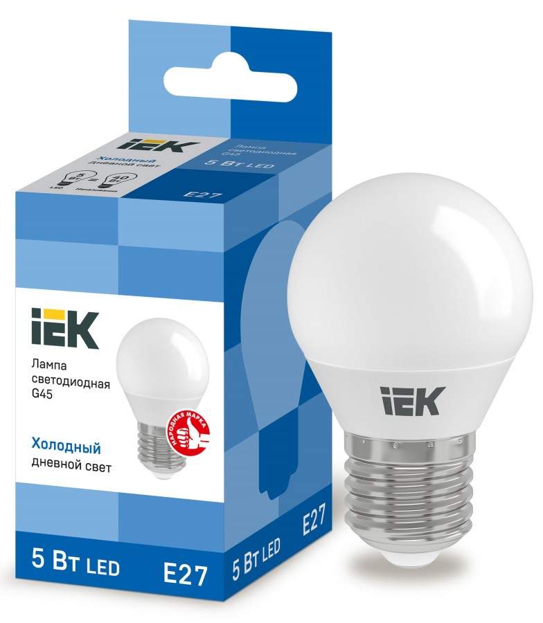 фото Лампа светодиодная iek e27 5w 6500k "шар" арт. 641465 - (10 шт.)