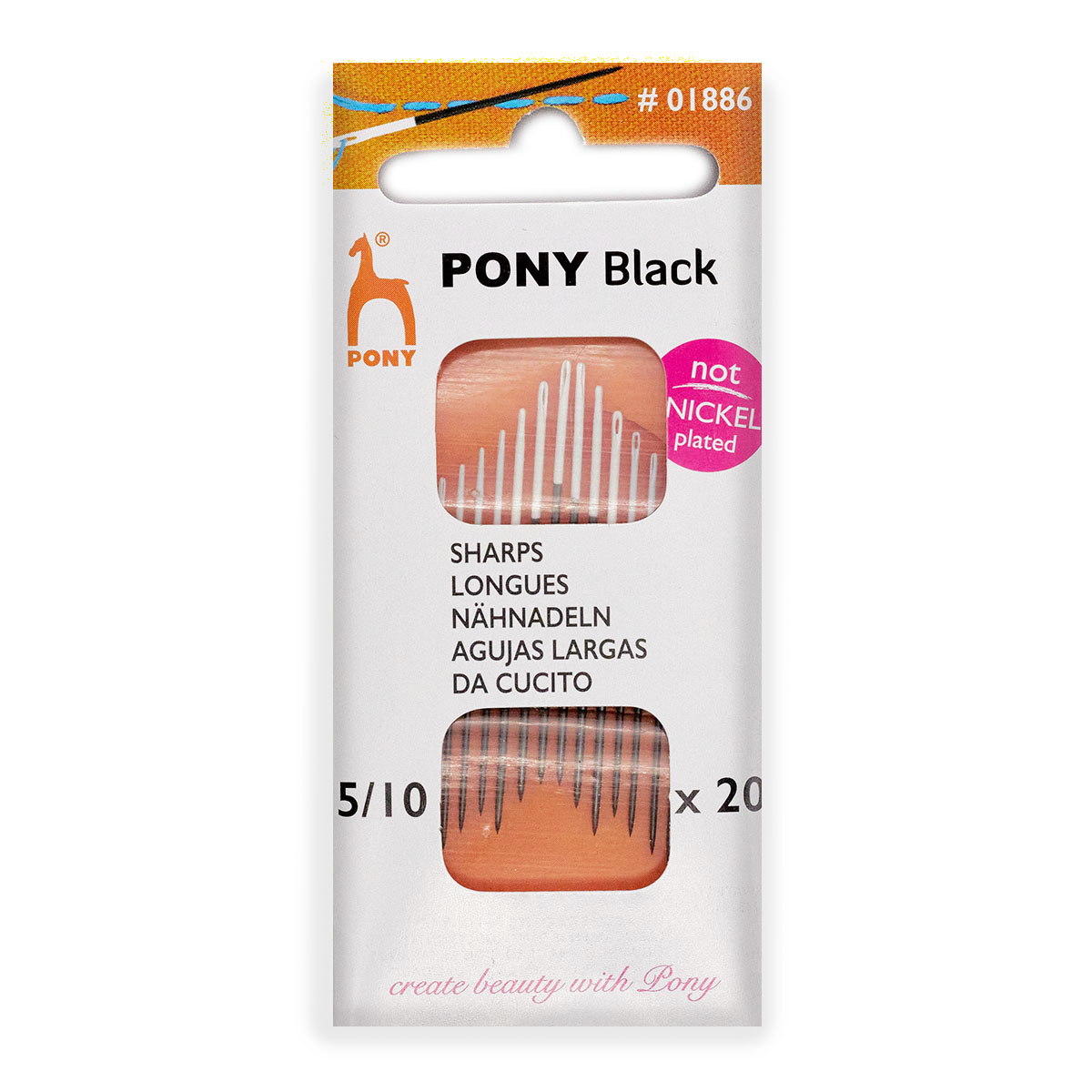 Иголки для шитья № 5-10, c белым ушком, PONY Sharps BLACK, 01886, 20 шт