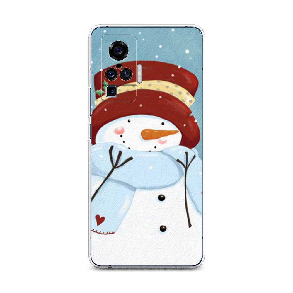 

Чехол на Vivo X50 Pro "Застенчивый снеговик", Голубой;белый;красный, 262350-5