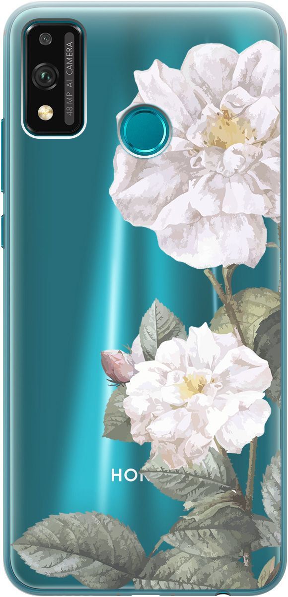 

Силиконовый чехол на Honor 9X Lite с 3D принтом "White Rose" прозрачный, Прозрачный;черный, 5231