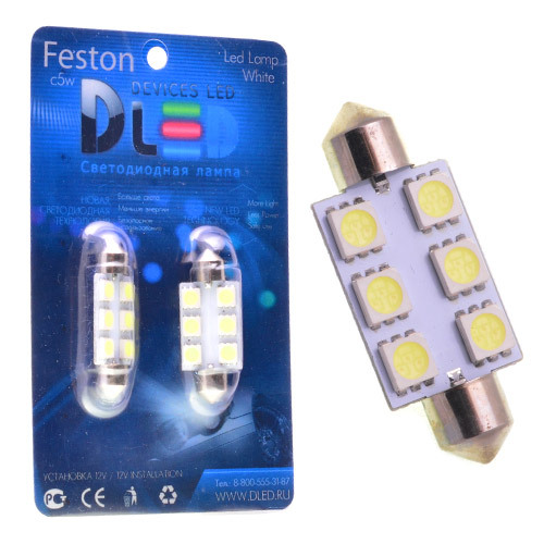 фото Светодиодная автомобильная лампа c5w fest 41мм sv8,5 - 6 smd (зеленая) 2 шт зеленый dled