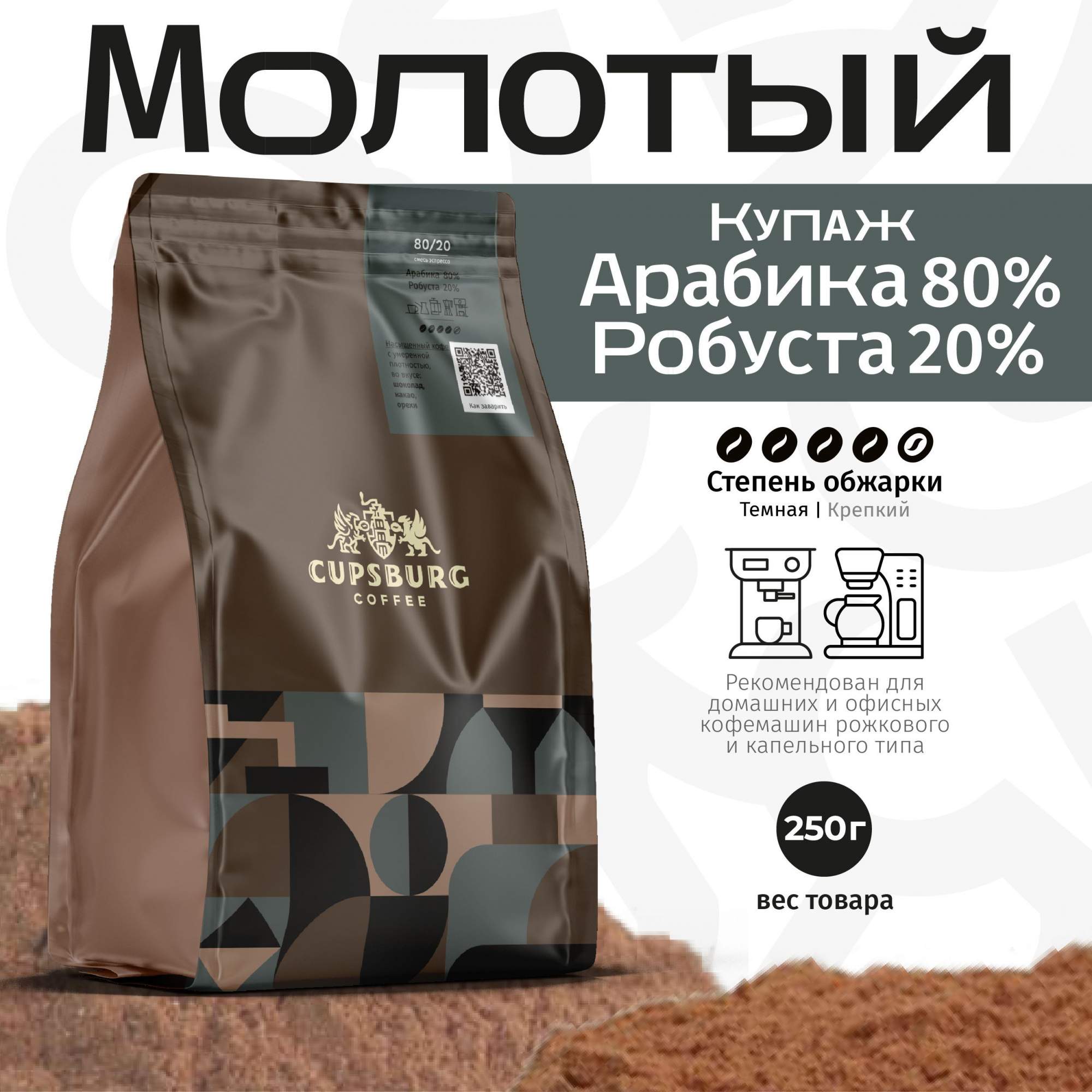 Кофе молотый CUPSBURG смесь эспрессо, Арабика 80% Робуста 20%, 250 г