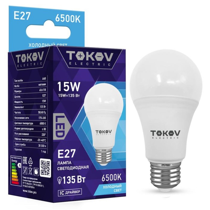 

Лампа светодиодная TOKOV ELECTRIC, 15 Вт, А60, 6500 К, Е27, 176-264В