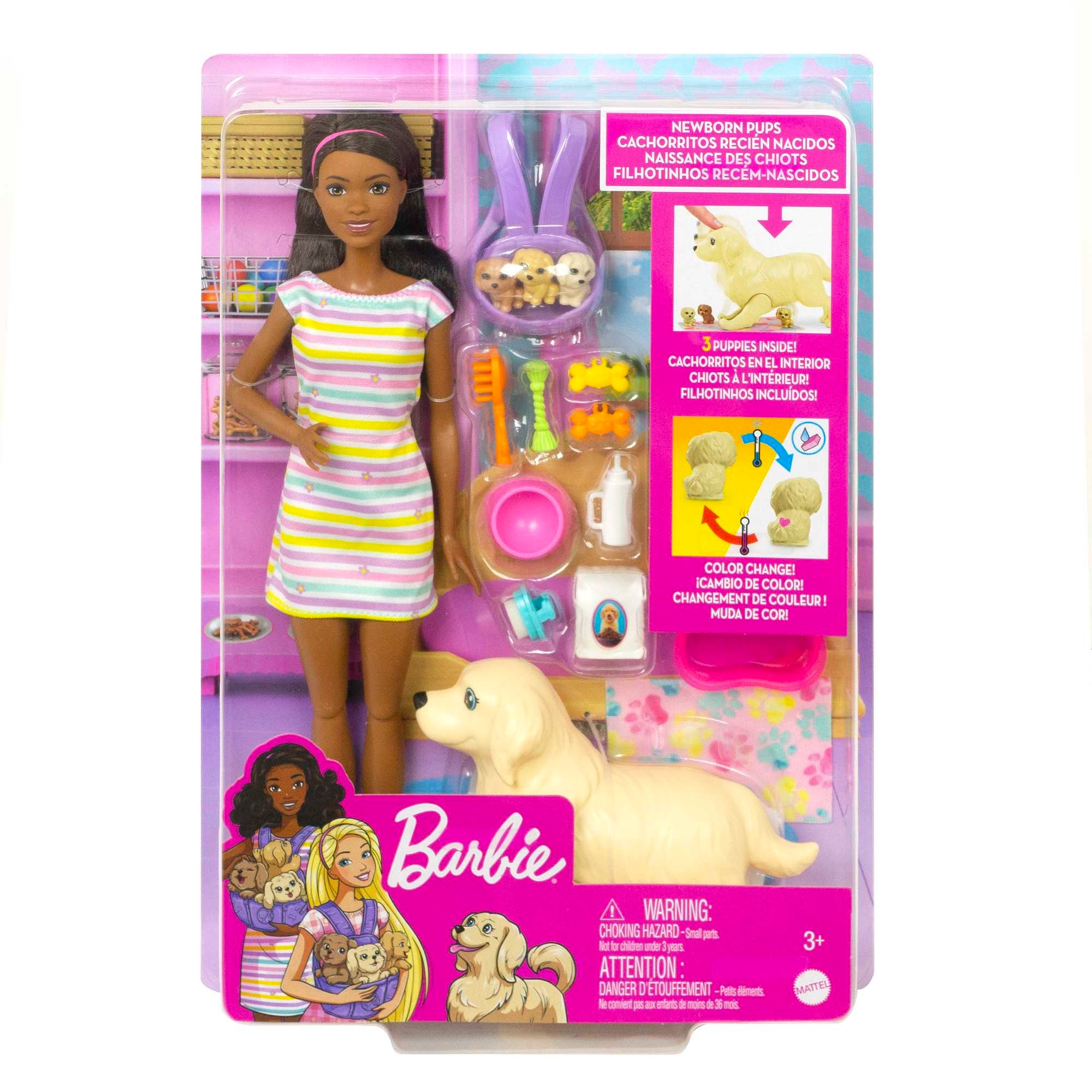 Кукла Barbie с куклой-брюнеткой мамой-собакой 3 щенками и детскими игрушками HCK76