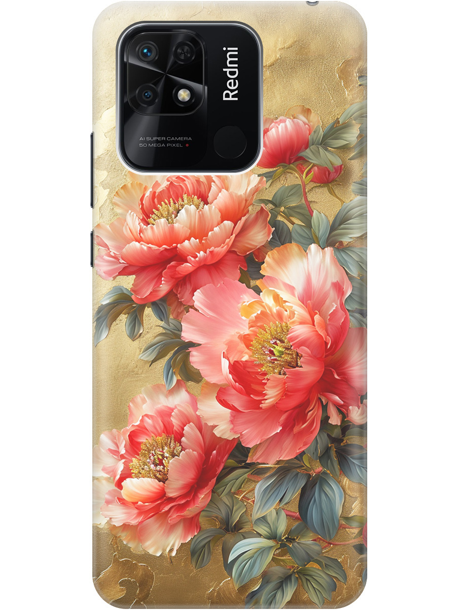 

Силиконовый чехол на Xiaomi Redmi 10C с принтом "Винтажные пионы", Прозрачный;зеленый;золотистый;красный, 736538723