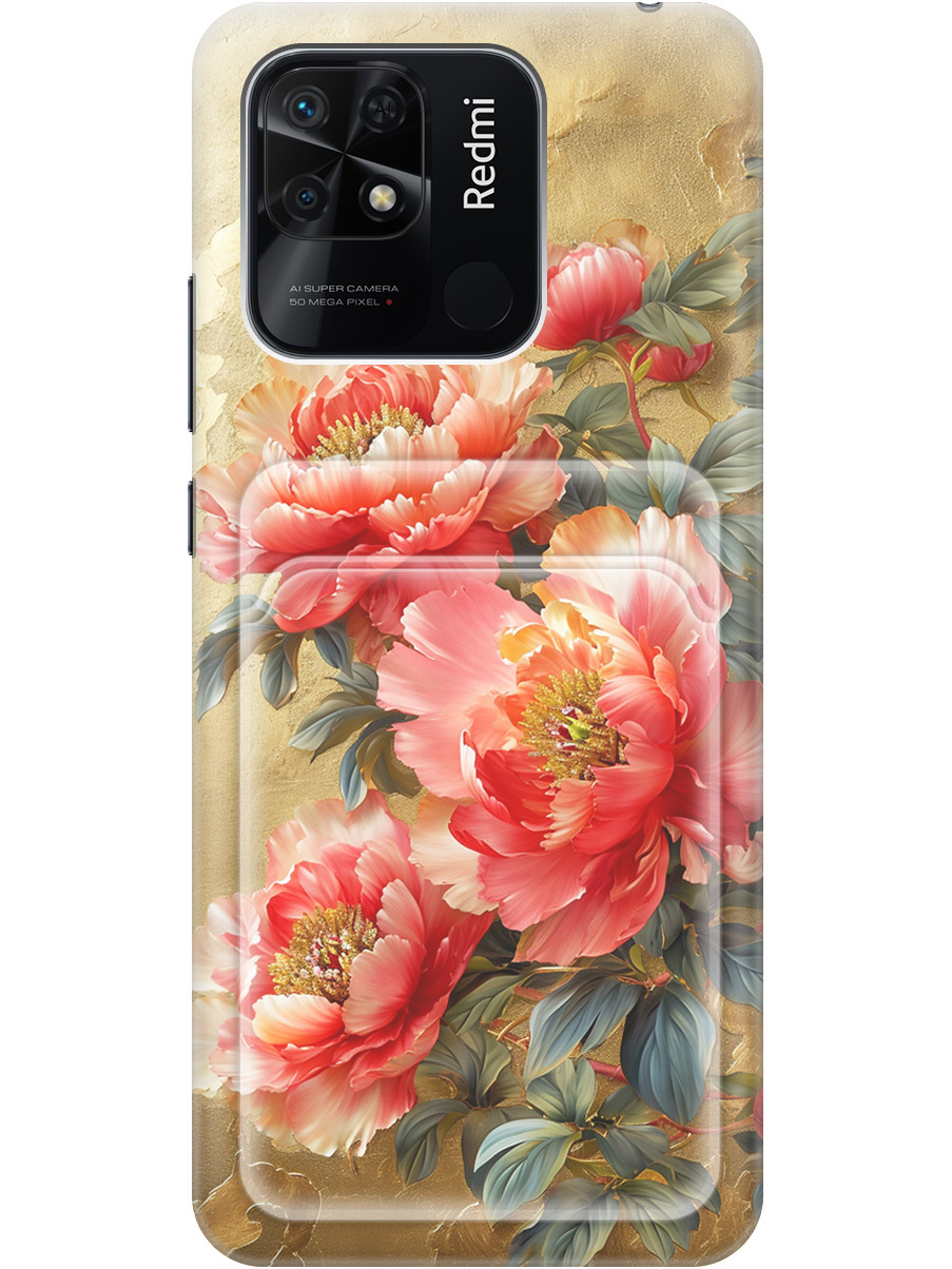 

Силиконовый чехол на Xiaomi Redmi 10C с принтом "Винтажные пионы" с карманом для карты, Прозрачный;зеленый;золотистый;красный, 736538723
