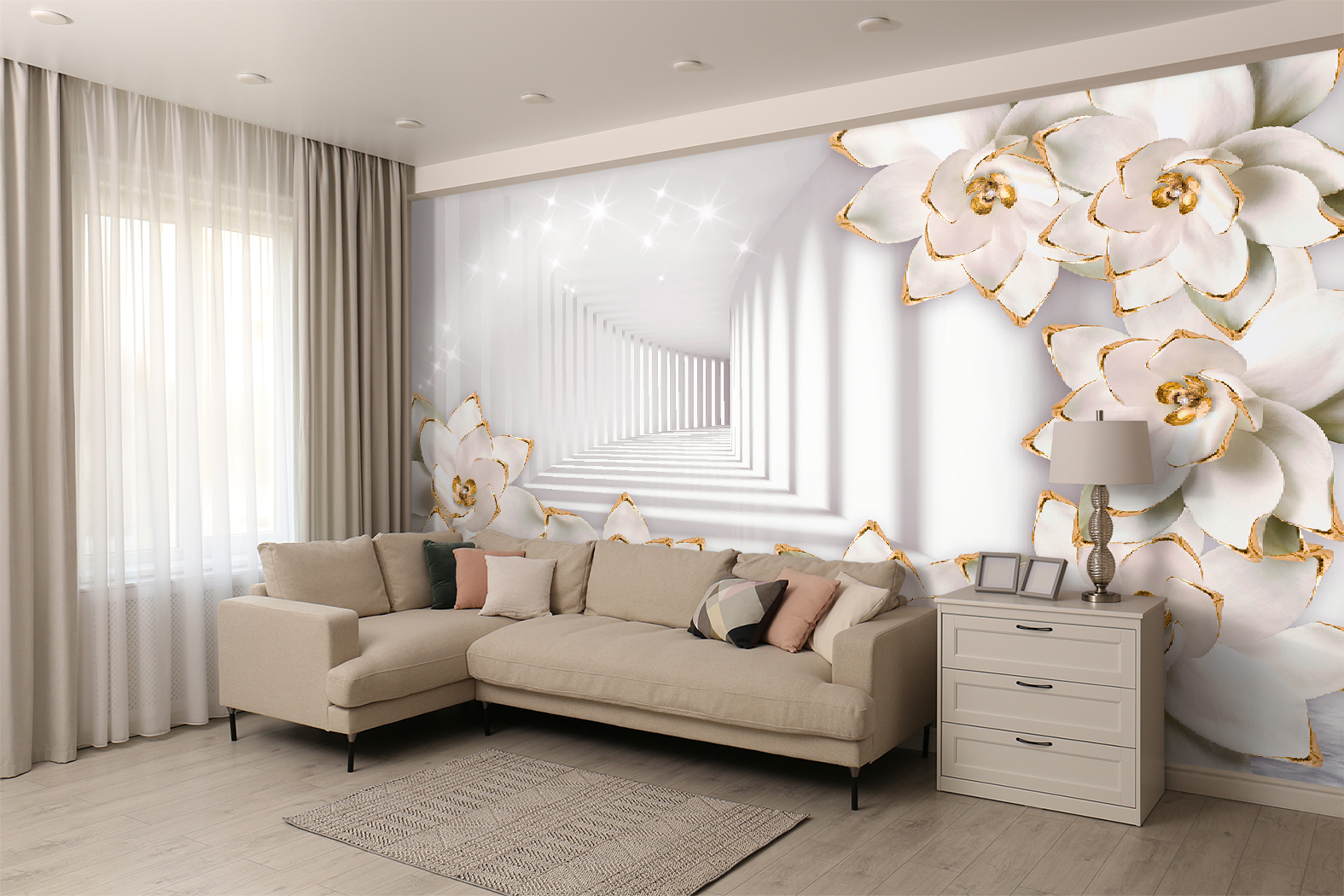 Фотообои Photostena 3D коридор и белые цветы 4,58 x 2,85 м
