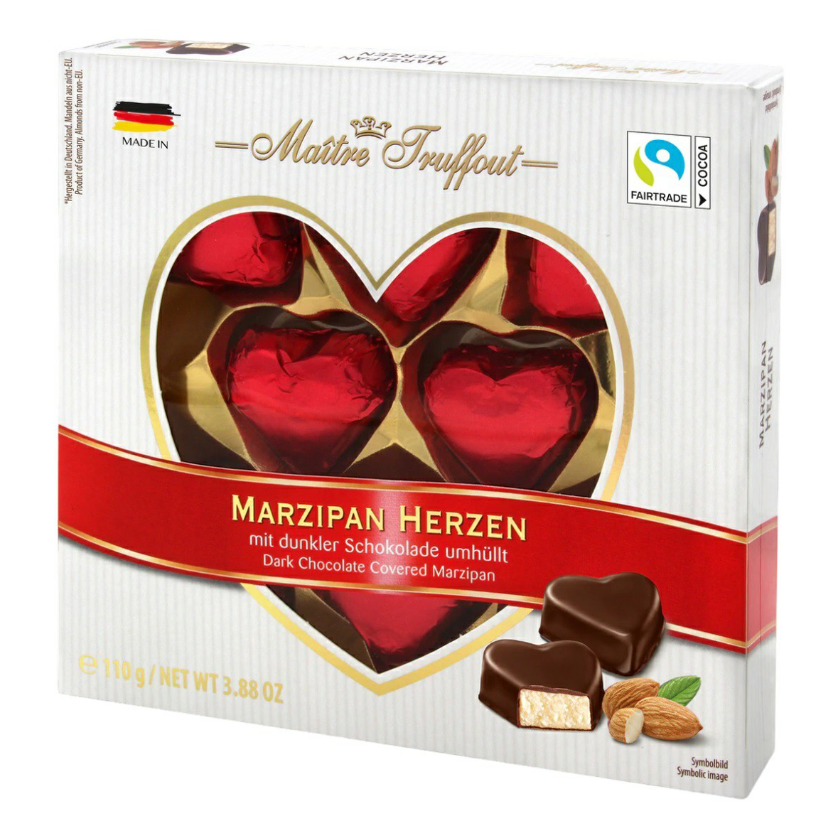 Конфеты марципановые Maitre Truffout Marzipan herzen в темном шоколаде 110 г