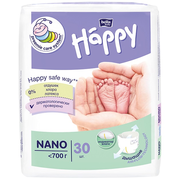 Подгузники bella baby Happy Nano вес менее 700 г 30 шт 878₽