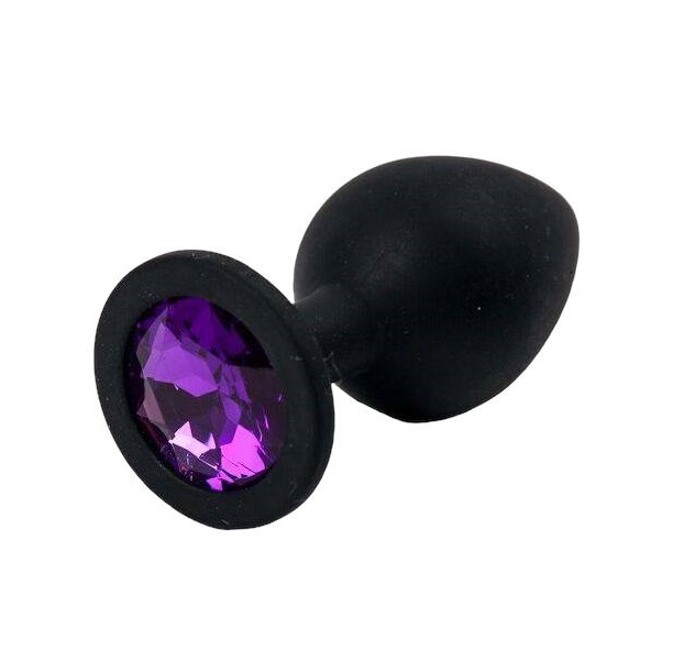 Черная силиконовая анальная пробка с фиолетовым кристаллом 9,5 см