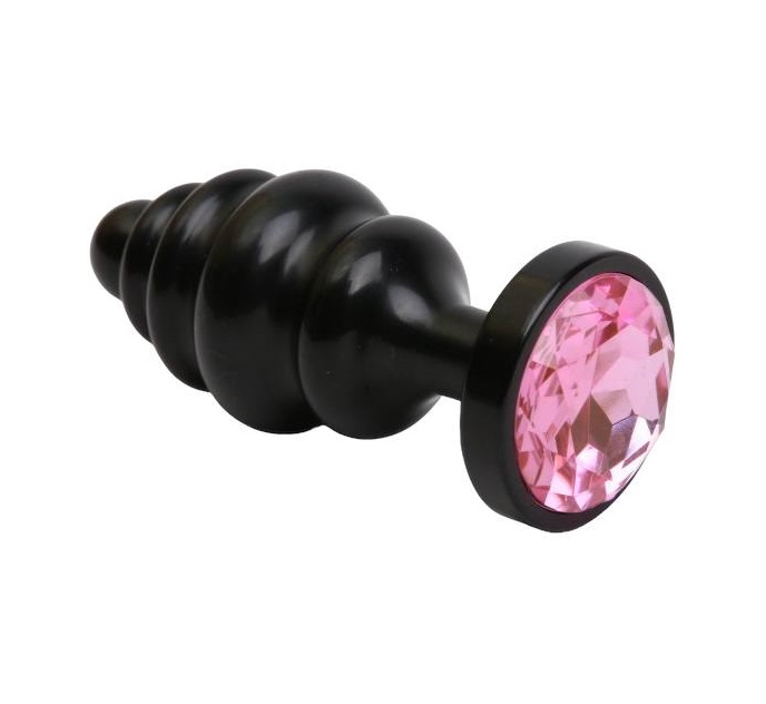 Чёрная ребристая анальная пробка с розовым кристаллом 7,3 см