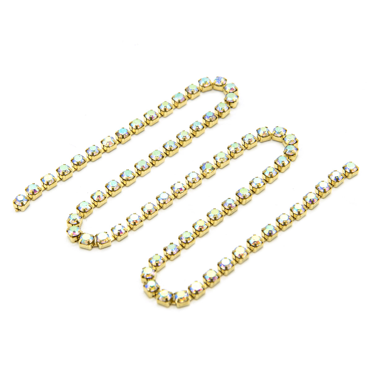 ЦС002ЗЦ3 Стразовые цепочки (золото), цвет: белый с AB покрытием, размер 3 мм, 30 см.