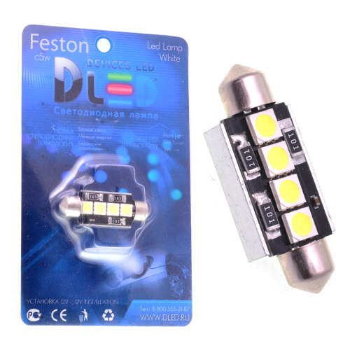 фото Светодиодная автомобильная лампа c5w fest 41мм + sv8,5 - 4 smd ( с обманкой) (1 шт-лампа.) dled