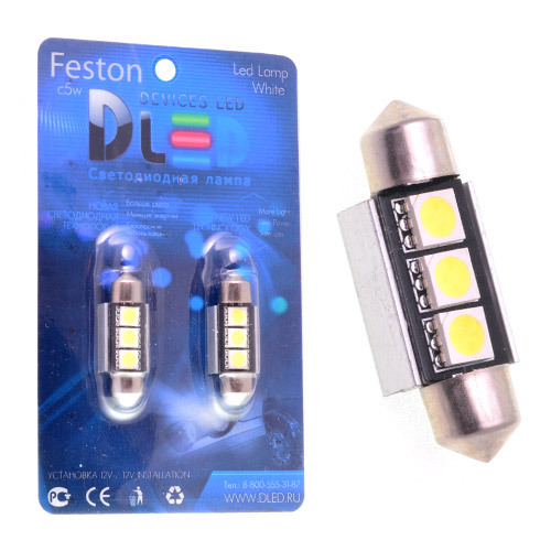 фото Светодиодная автомобильная лампа c5w fest 36мм + sv8,5 - 3 smd ( с обманкой) 2 шт dled