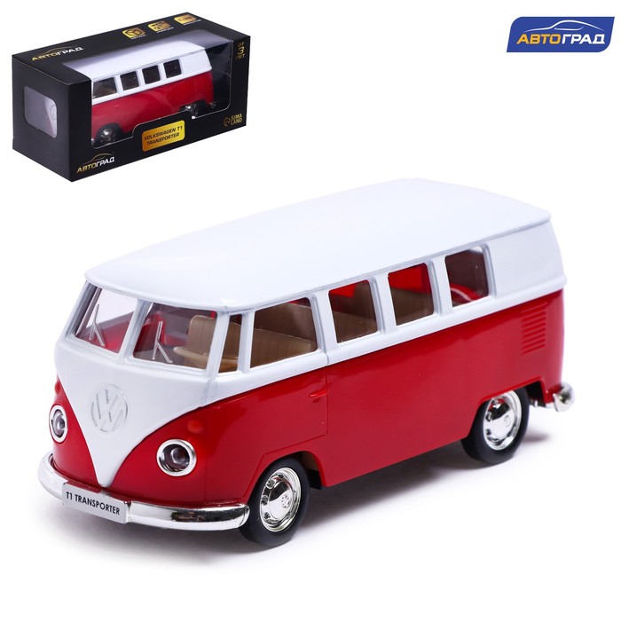 Машина металлическая VOLKSWAGEN TRANSPORTER T1, 1:32, открываются двери, инерция, красный