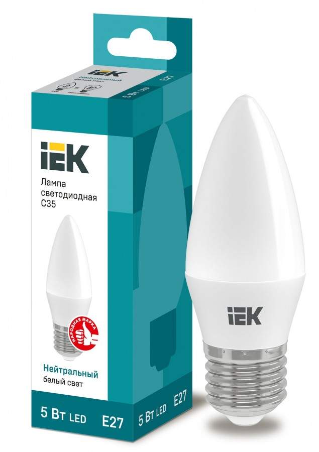 

Лампа светодиодная IEK, E27, 5W, 4000K, "Свеча", арт. 562410 - (10 шт.)